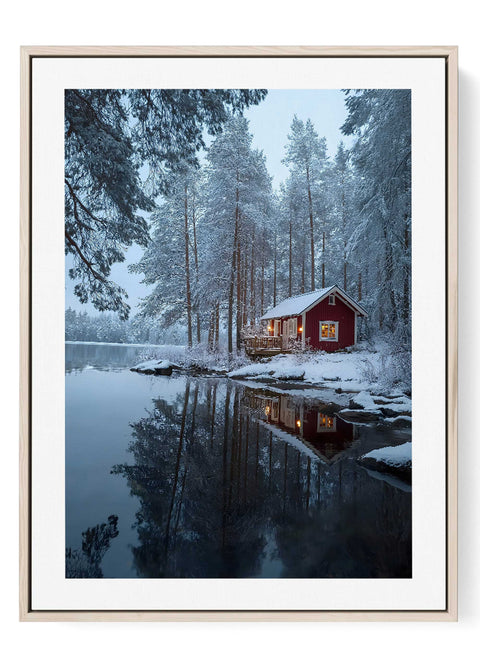 Snowy lake cabin art framed print featuring red Swedish cottage reflected in water