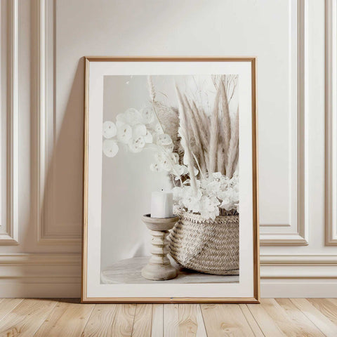 Soft beige and tan color palette in a sophisticated botanical line art print.