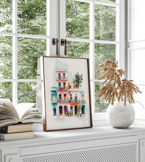 Soft blush pink and teal blue tropical city watercolor print from Lily and Emily Fine Art