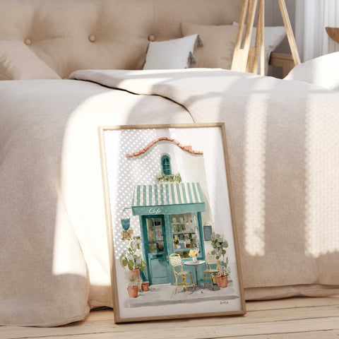 Soft green and white travel poster featuring cozy boutique terrace view