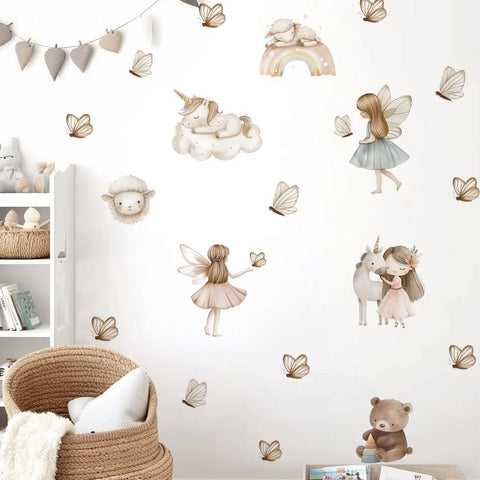 Soft pastel nursery wall art featuring unicorns and fairies
