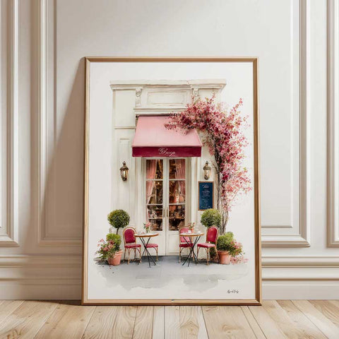 Soft pink and cream travel poster featuring cozy boutique terrace view