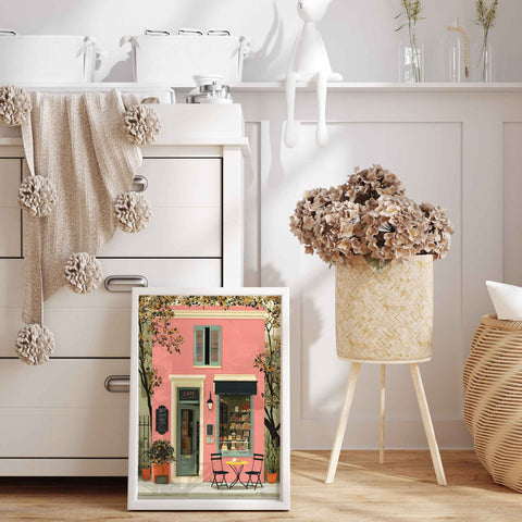 Soft pink and cream travel poster featuring cozy city terrace view