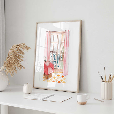 Soft pink curtains watercolor wall art

