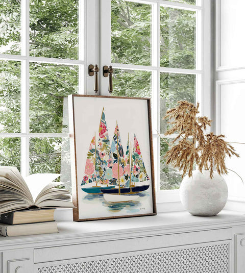 Soft pink teal and navy sailboat print for bedroom bathroom or nursery wall decor