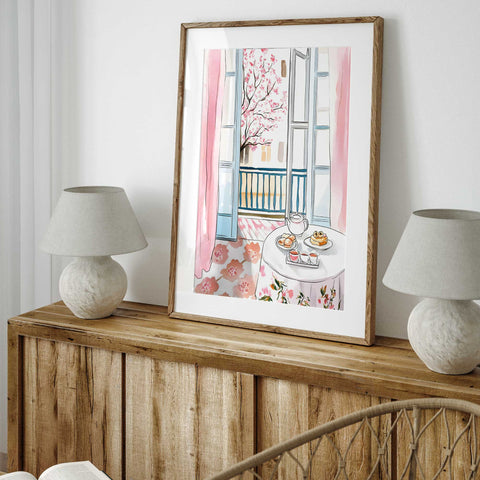 Soft watercolor art of morning tea and spring blossoms

