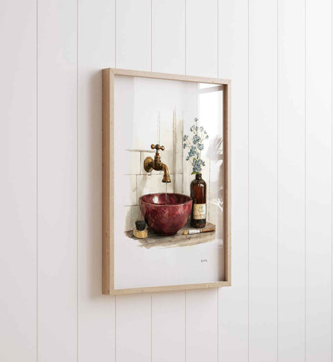 Bathroom Sink Wall Art Print - Burgundy Bowl Still Life