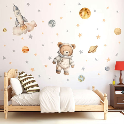 Space-themed vinyl stickers astronaut bear design
