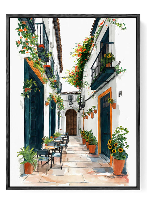 Spanish alley with sunflowers and balconies