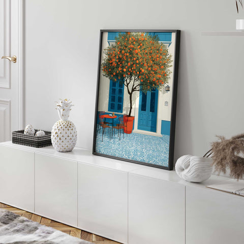 Spanish courtyard wall art with blue doors