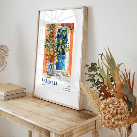 Spanish patio art print orange and blue tones