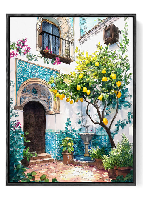 Spanish patio watercolor illustration wall decor