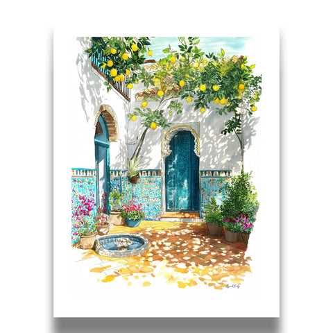 Spanish patio watercolor wall art illustration