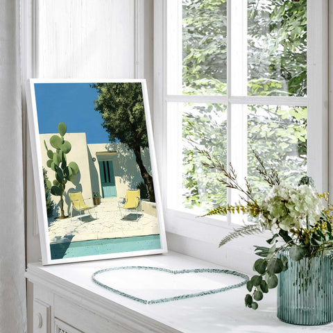 Spanish summer patio artwork with turquoise door