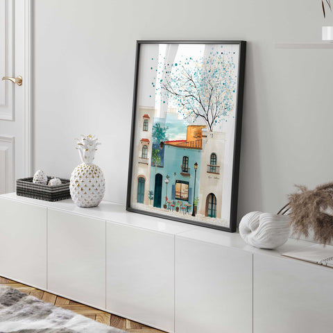Spring blooming tree over blue building art