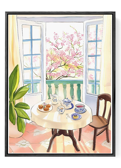 Springtime balcony view through windows with tea set illustration


