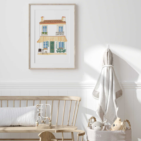 Striped Awning Café Print – Parisian Watercolor Reproduction