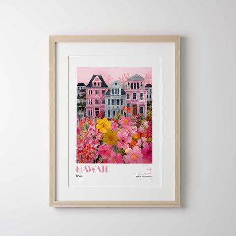Summer floral poster with pastel coastal homes