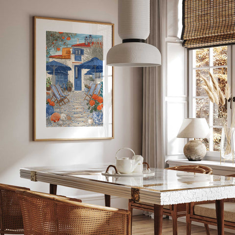 Summer home decor print with orange flowers and chairs