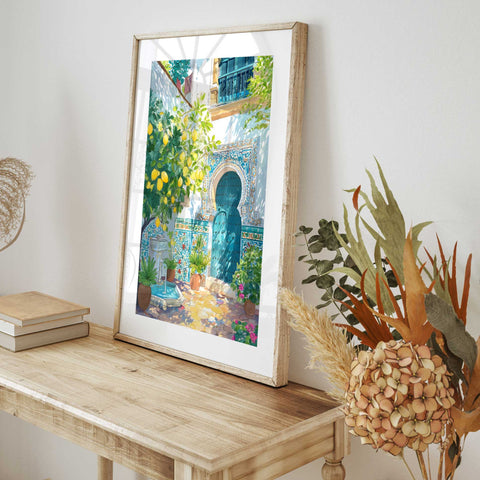 Summer patio watercolor with citrus and plants