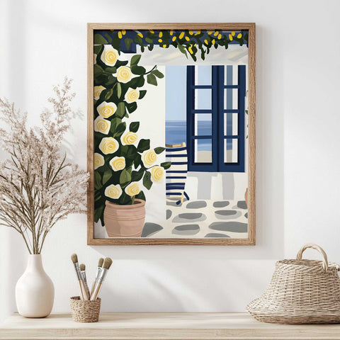 Summer patio watercolor with lemon vine and striped chair

