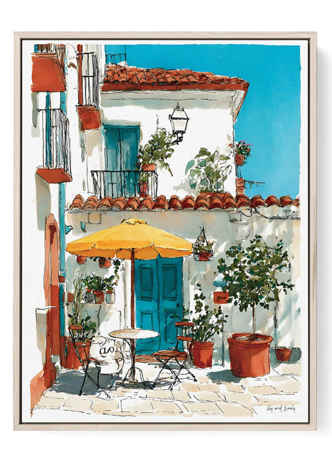 Sunlit Mediterranean patio watercolor illustration