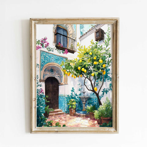 Sunlit Spanish courtyard watercolor painting