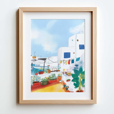 Sunlit courtyard scene in watercolor with traditional Greek homes

