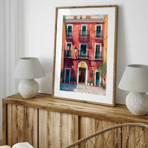 Sunlit guesthouse art with blue shutters