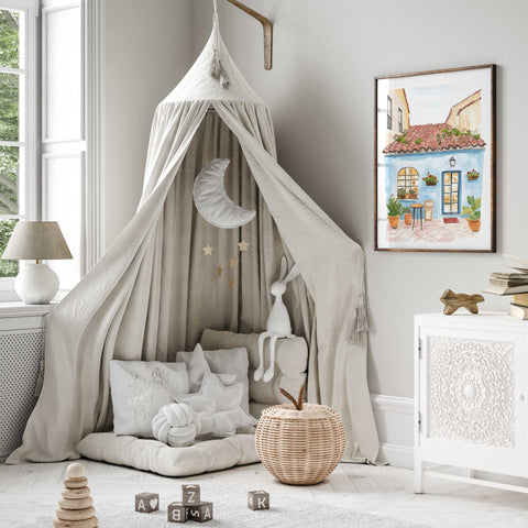 Sunlit patio scene with flower boxes and soft textured watercolor

