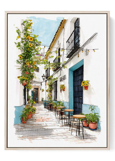 Sunlit street with flowers