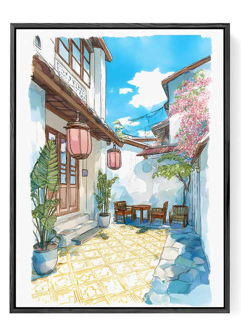 Sunlit terrace with hanging lanterns