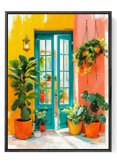 Sunlit tropical courtyard painting with fiddle leaf fig monstera and hanging planters