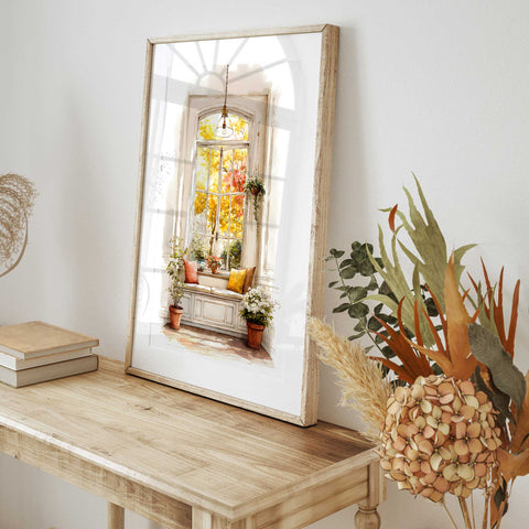 Sunlit window seat autumn poster
