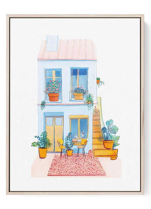 Sunny French apartment watercolor print with flower boxes and café chairs

