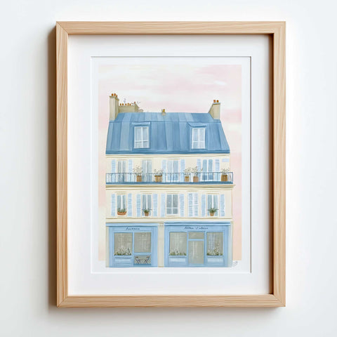 Sunny Italian terrace art print with red floor and greenery

