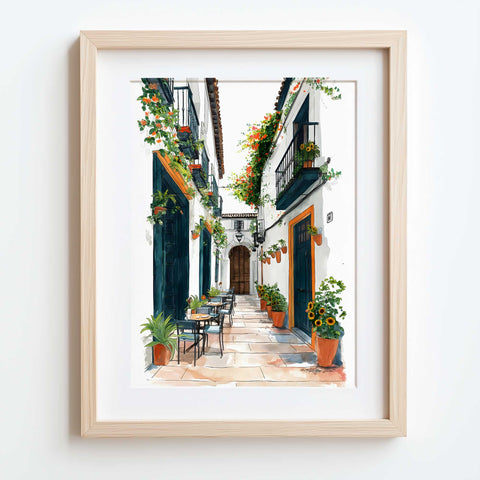 Sunny alley with iron balconies art print