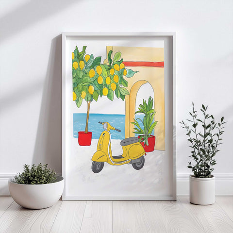 Sunny seaside art print with lemons, scooter, and archway

