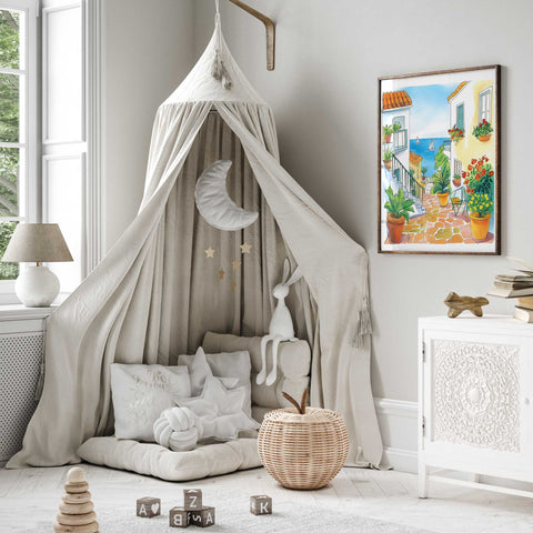 Sunny watercolor art of oceanfront alley with terracotta rooftops

