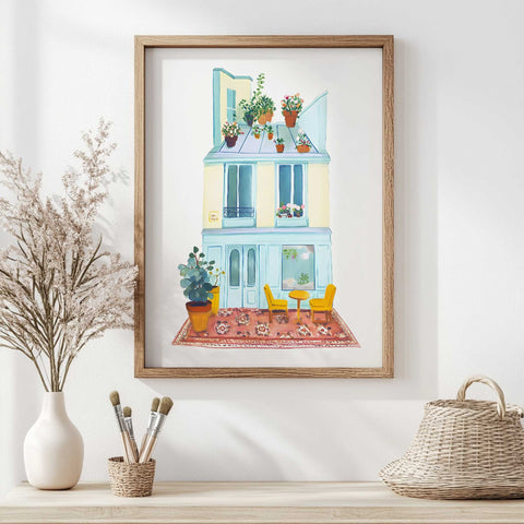 Sunny watercolor rooftop café print with plants and outdoor rug

