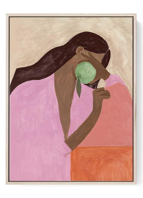 Surreal art print featuring a green apple over a woman's face.