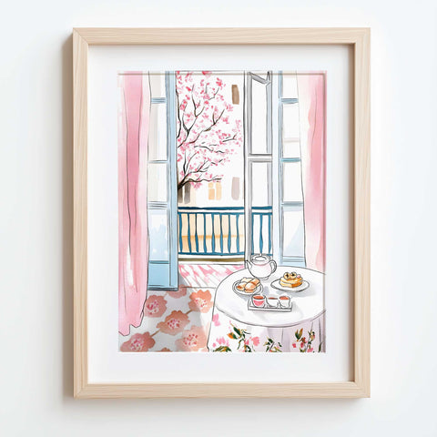 Table with tea and desserts in front of cherry tree in watercolor

