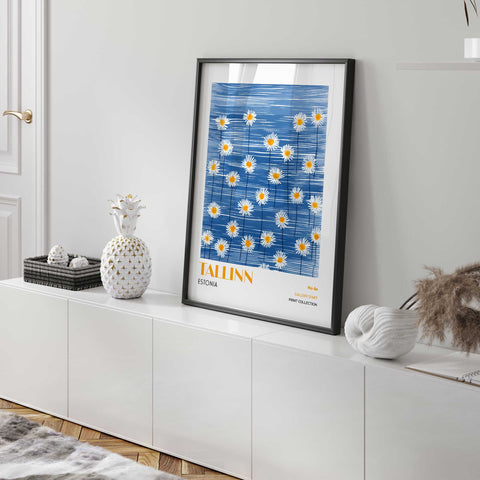 Tallinn art print with daisies and blue tones