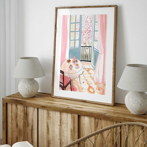 Tea and dessert watercolor scene with balcony and blossoms

