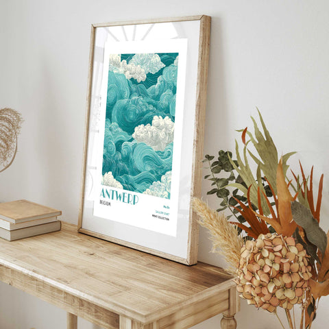 Teal and cream abstract linework wall art