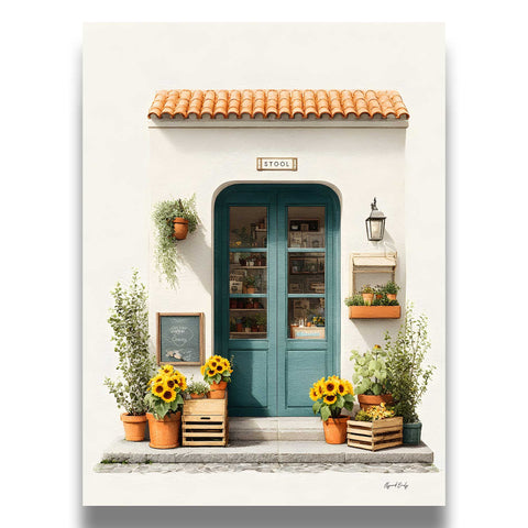 Teal door and terracotta roof wall art