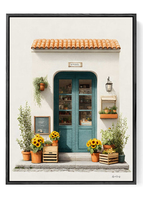 Teal door with sunflowers Mediterranean print