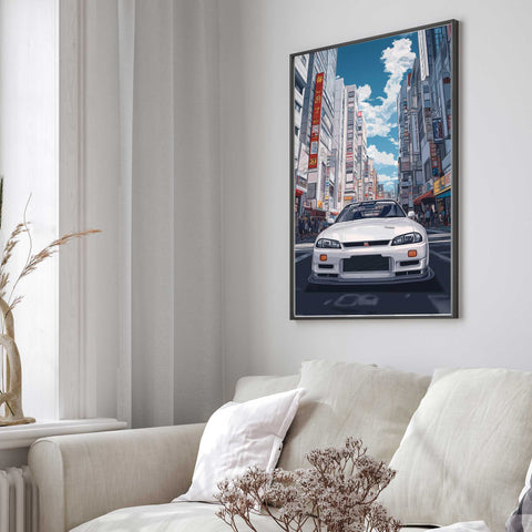 Tokyo Street Scene Poster with modern Nissan GT-R and anime architecture