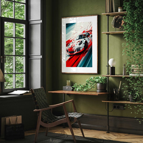 Track focused Porsche sports car wall decor for racing fans