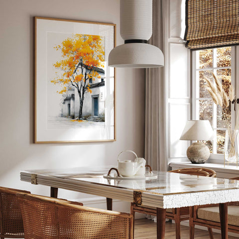 Traditional Asian houses with fall leaves artwork